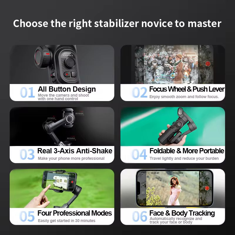 AOCHUAN 3-Axis Handheld Smartphone Gimbal Stabilizer with Integrated Fill Light and Face Tracking for TikTok and Vlogging