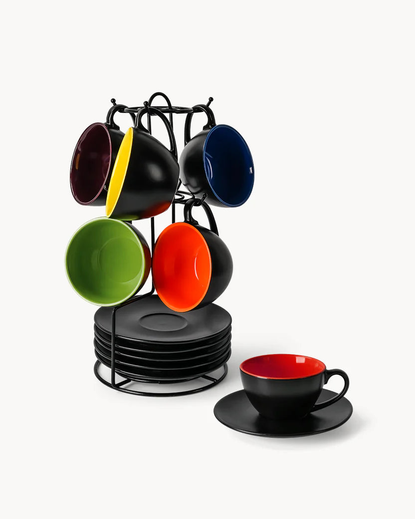 Set of 6, Ceramic Stackable Cappuccino Cups Set / 175 ml Cappuccino Mugs and Saucer with Metal Stand for Coffee Drinks, Cappuccino, Latte, Americano and Tea - Le Papillon Collection (Mixed)
