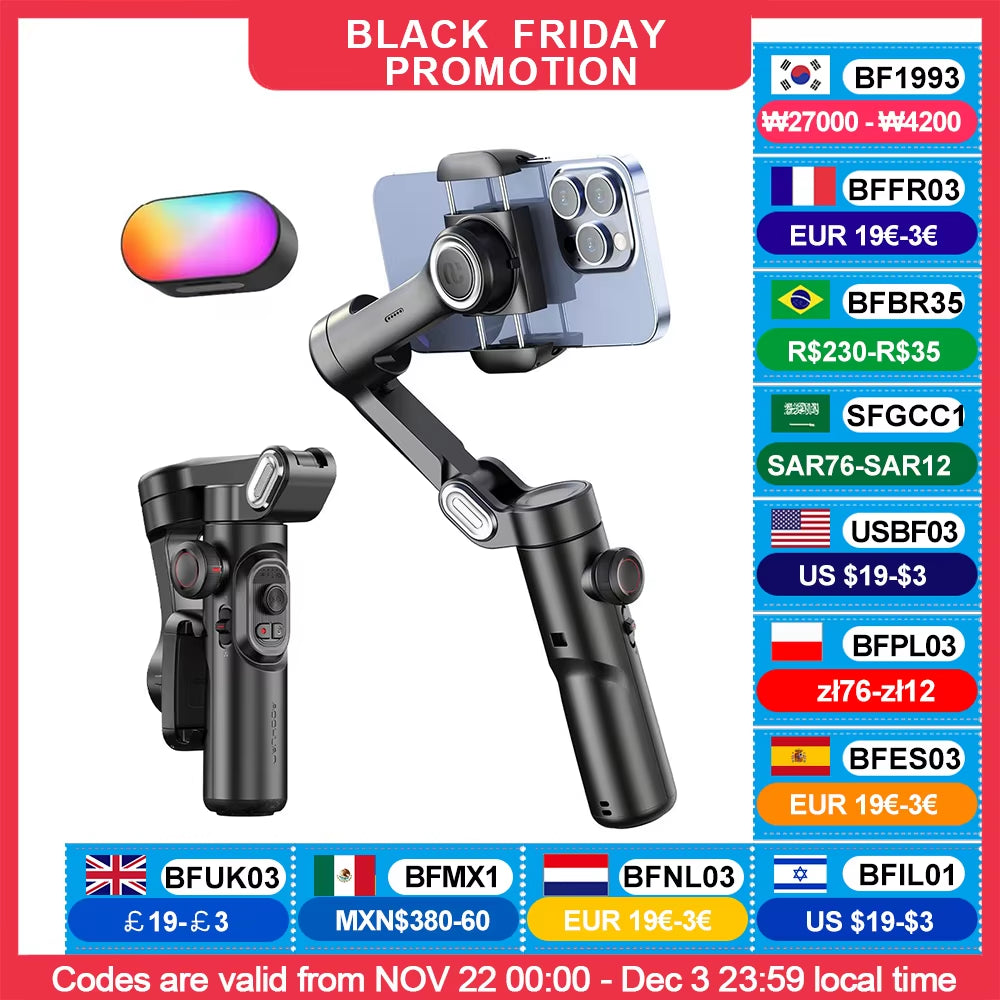 AOCHUAN 3-Axis Handheld Smartphone Gimbal Stabilizer with Integrated Fill Light and Face Tracking for TikTok and Vlogging