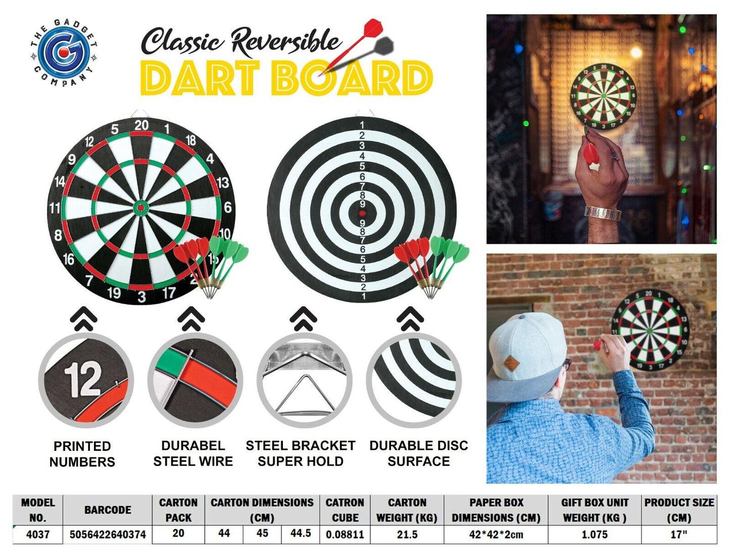 Professional Reversible Dart Board - Durable 43cm Classic Family Game