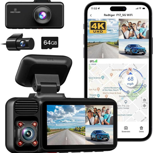 Redtiger F17 4K 3-Channel Dash Cam with Hardwire Kit, Dual Fuses, IR Night Vision, & G-Sensor Emergency Recording