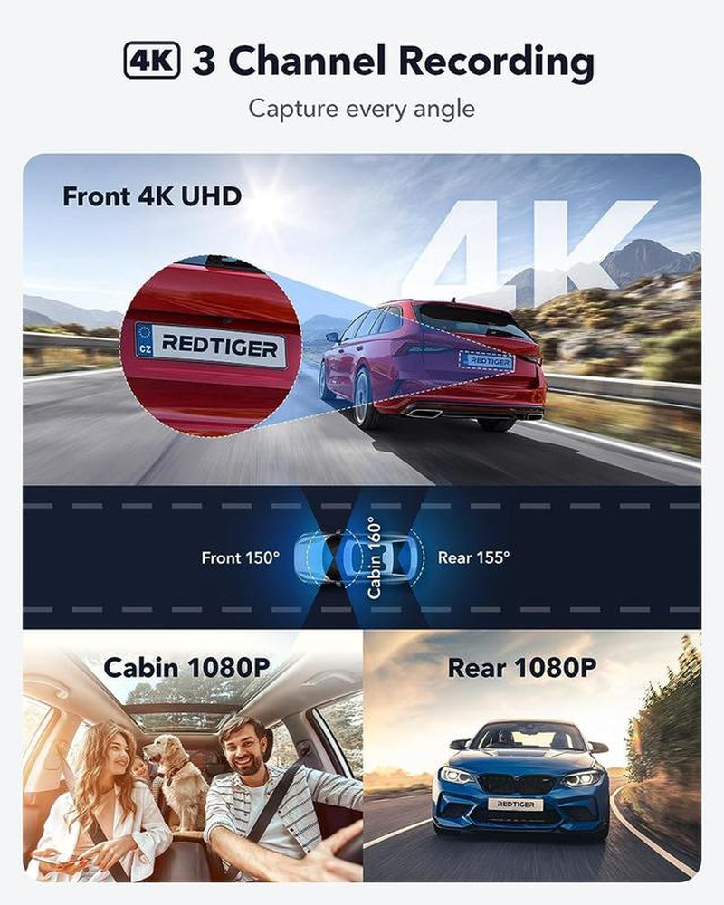 Redtiger F17 4K 3-Channel Dash Cam with Hardwire Kit, Dual Fuses, IR Night Vision, & G-Sensor Emergency Recording