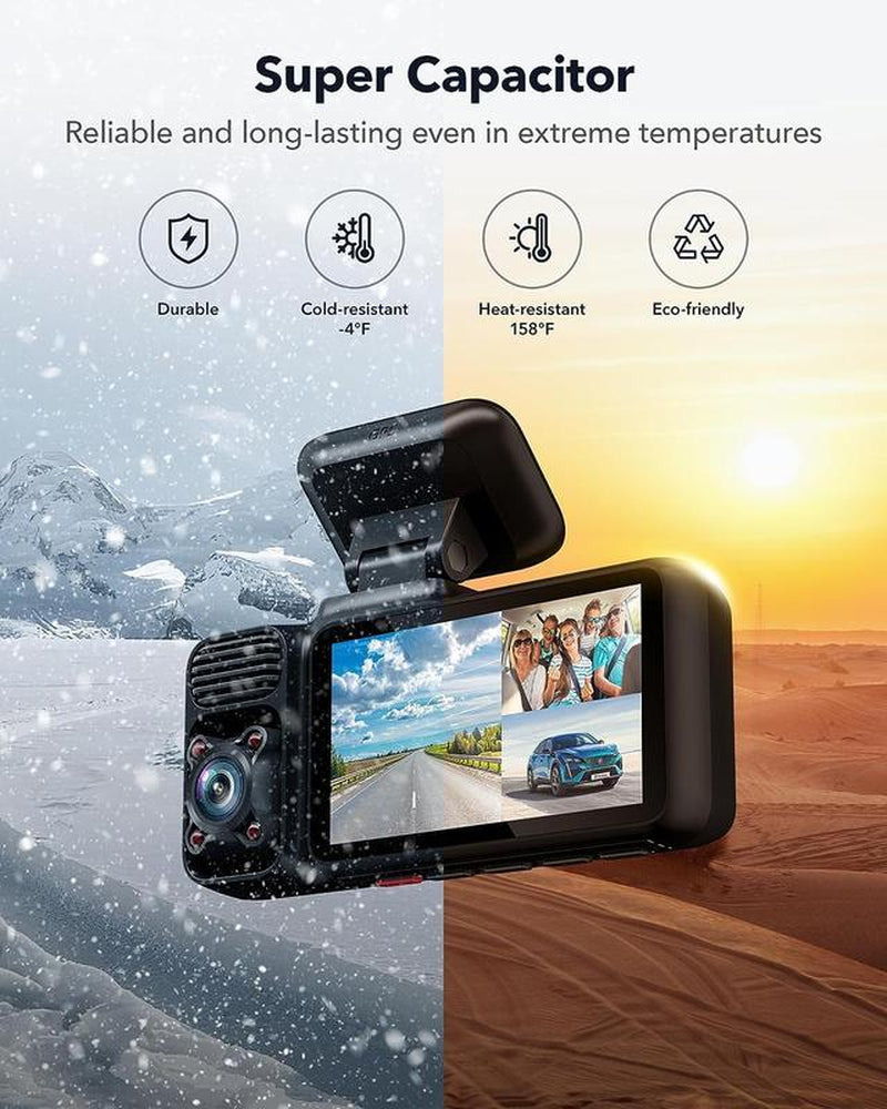 Redtiger F17 4K 3-Channel Dash Cam with Hardwire Kit, Dual Fuses, IR Night Vision, & G-Sensor Emergency Recording