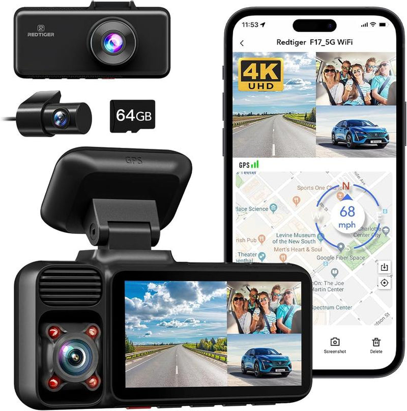 Redtiger F17 4K 3-Channel Dash Cam with Hardwire Kit, Dual Fuses, IR Night Vision, & G-Sensor Emergency Recording
