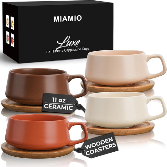 320 ml, Set of 4 Ceramic Cups & Saucer for Cappuccino, Latte, Espresso, Flat-White, Tea  - Luxe Collection (Beige Pastel)