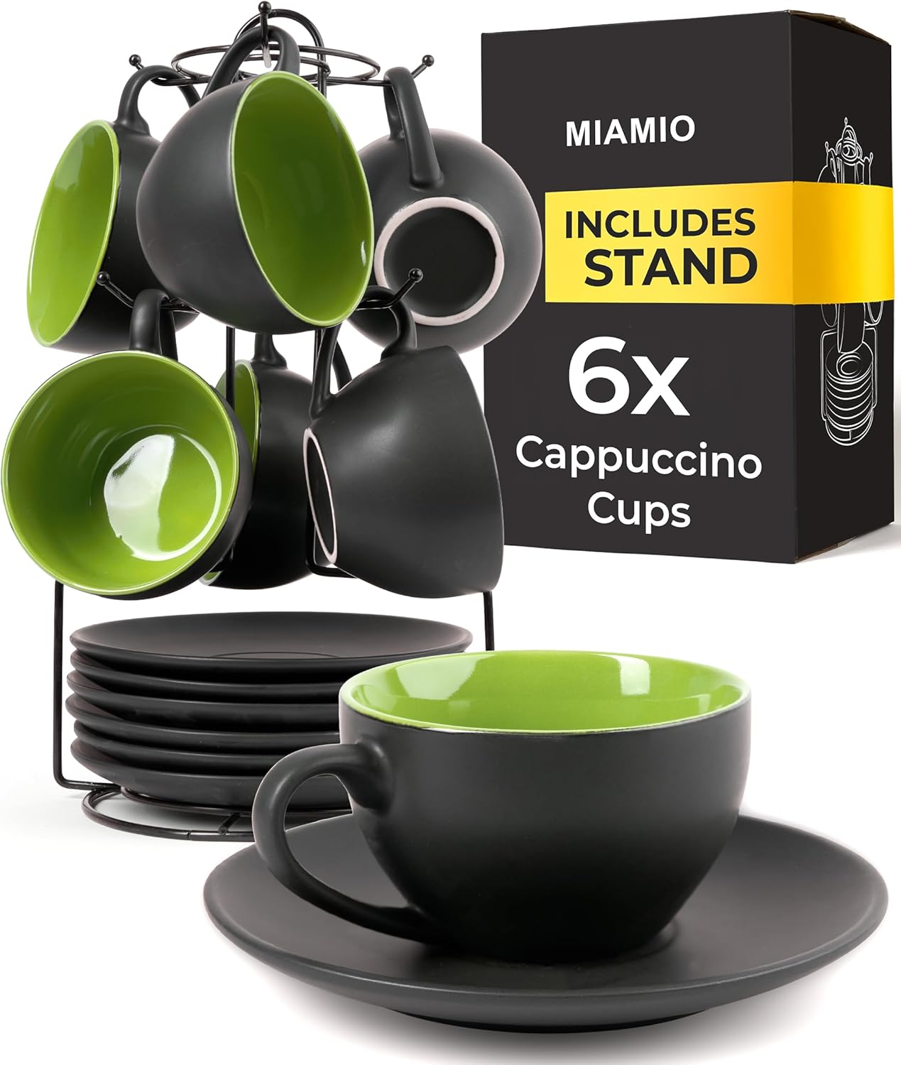 Set of 6, Ceramic Stackable Cappuccino Cups Set / 175 ml Cappuccino Mugs and Saucer with Metal Stand for Coffee Drinks, Cappuccino, Latte, Americano and Tea - Le Papillon Collection (Mixed)