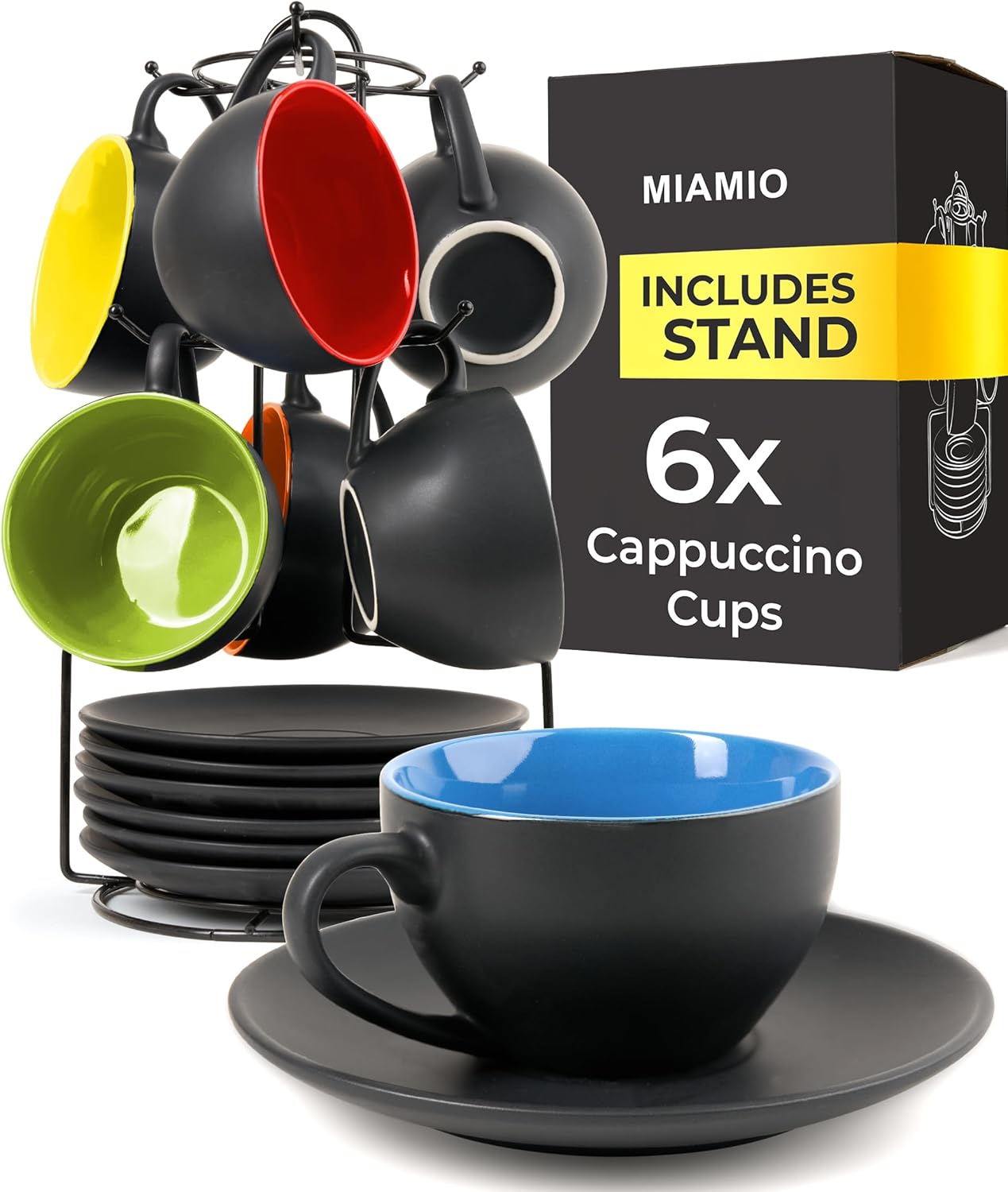 Set of 6, Ceramic Stackable Cappuccino Cups Set / 175 ml Cappuccino Mugs and Saucer with Metal Stand for Coffee Drinks, Cappuccino, Latte, Americano and Tea - Le Papillon Collection (Mixed)