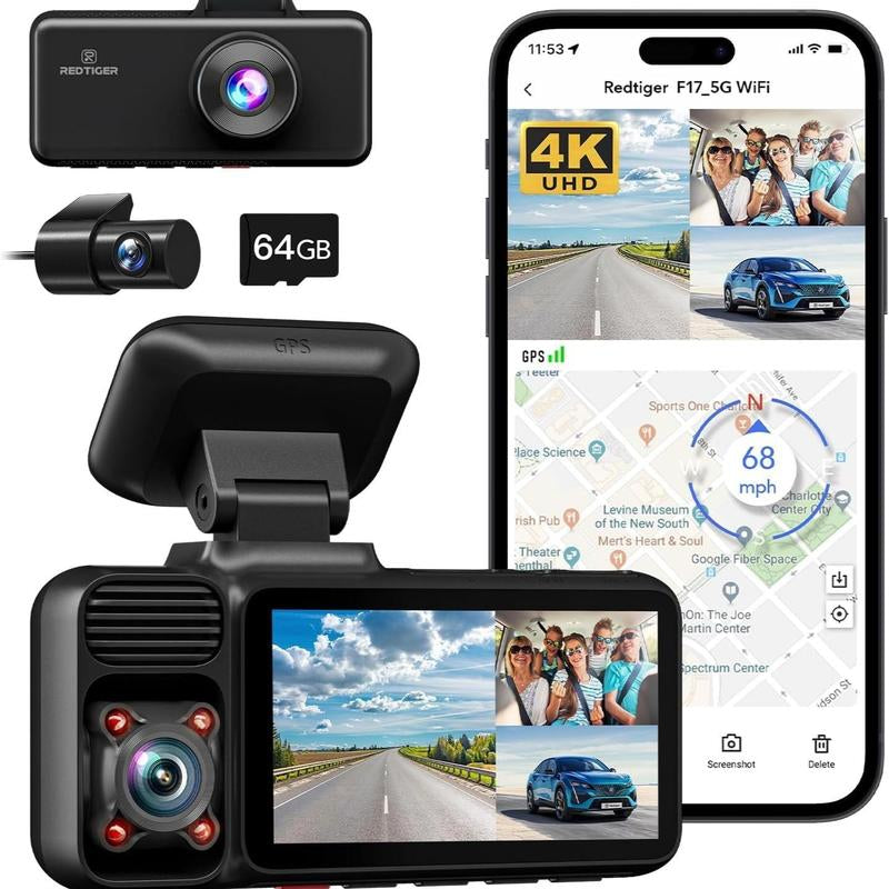 Redtiger F17 4K 3-Channel Dash Cam with Hardwire Kit, Dual Fuses, IR Night Vision, & G-Sensor Emergency Recording